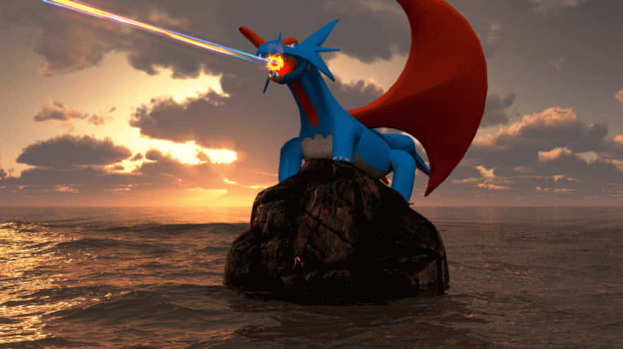 Salamence 桌布 壁紙 — 一隻藍色龍系寶可夢，有紅色翅膀，棲息在海洋中的岩石島上，在日落時發射雷射光束。
