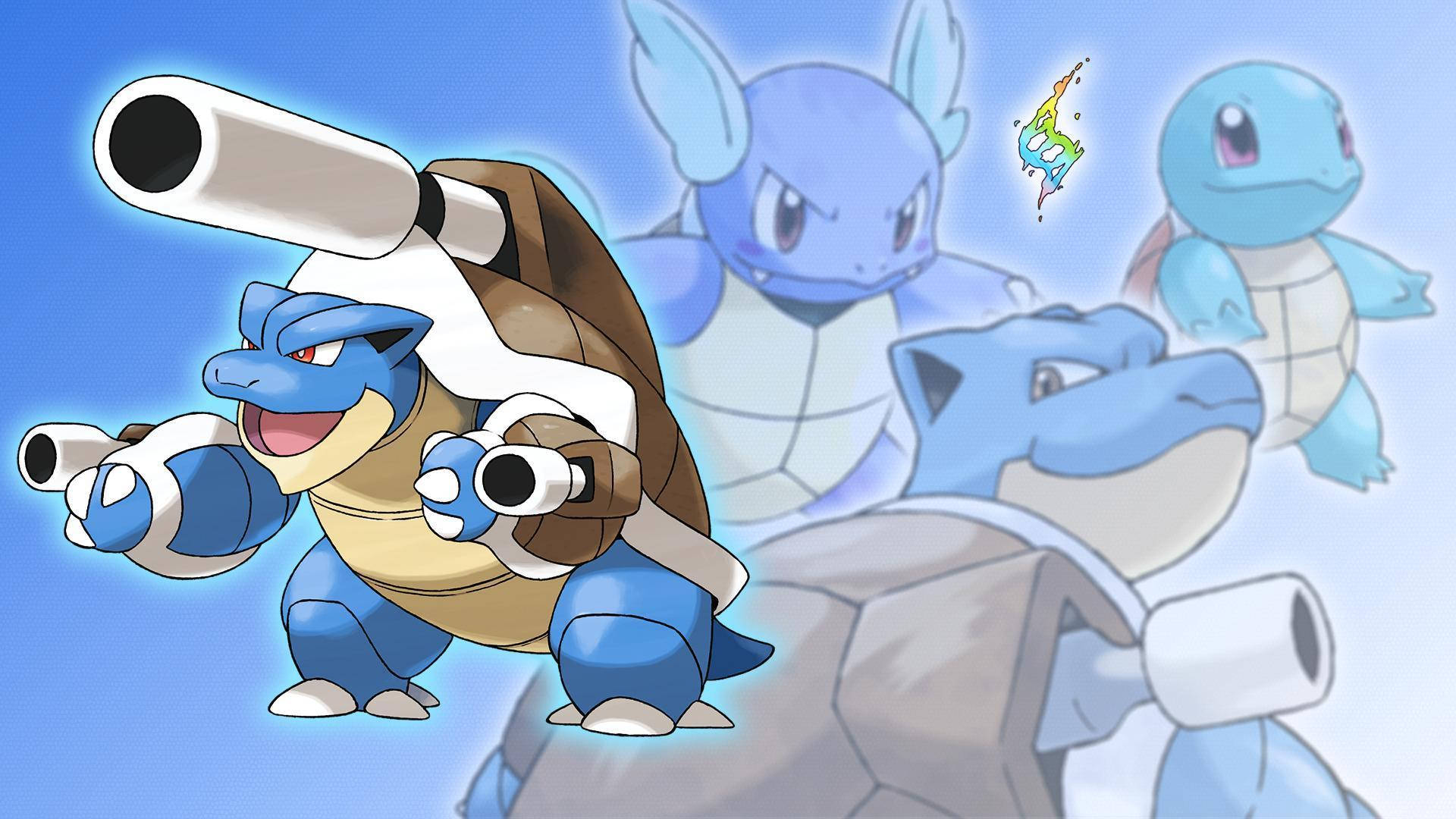 Blastoise 桌布 壁紙 — 一隻藍色龜系寶可夢，殼上有大砲，在明亮的藍天下自豪地微笑，背景有其他寶可夢。