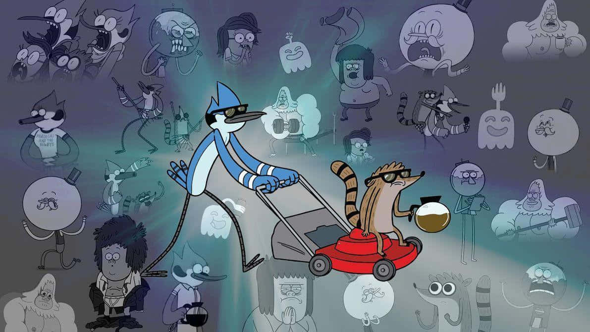 Regular Show 桌布 壁紙 — 一隻藍鳥和一隻浣熊推著一台紅色割草機穿過一群卡通鬼魂和怪物，構成超現實的動畫場景。