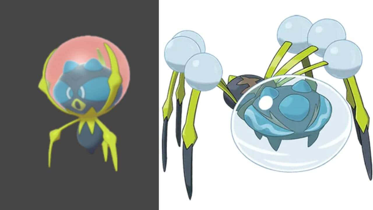 Pokemon Aesthetic 桌布 壁紙 — 一隻藍黃色、像蜘蛛的寶可夢，有透明泡泡身體和六條泡泡尖端的腳。