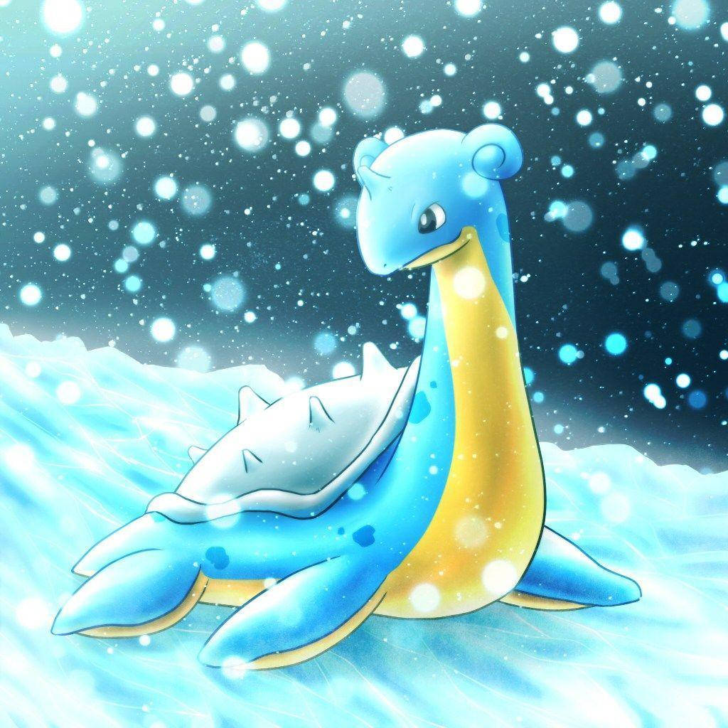 雪 桌布 壁紙 — 一隻藍黃色、長頸的寶可夢在雪天發光粒子下，於冰水中安詳休息。
