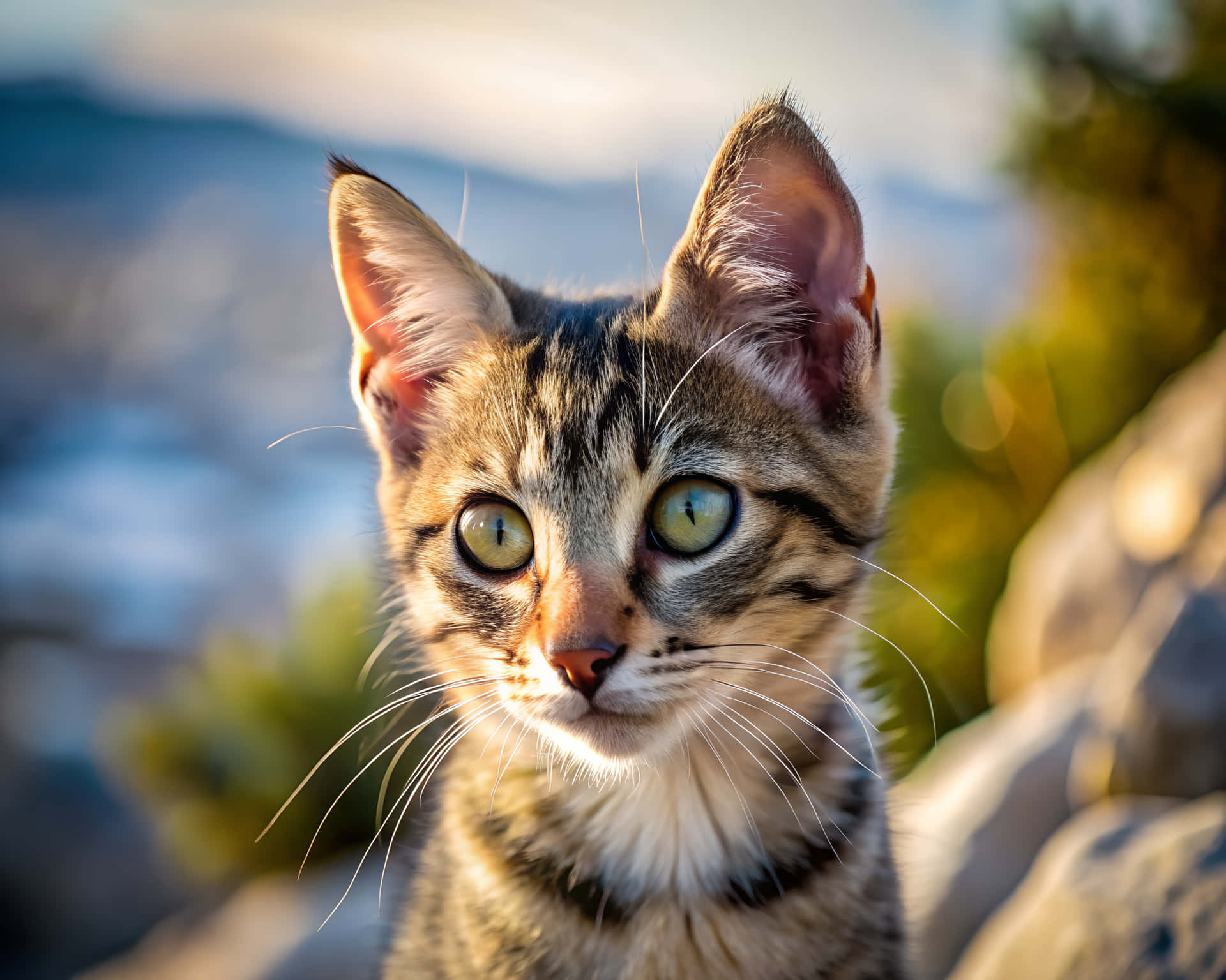 Close-up of a cat 壁紙 — 一隻虎斑小貓的特寫，擁有引人注目的綠色眼睛，直視鏡頭，背景是柔和模糊的山巒。