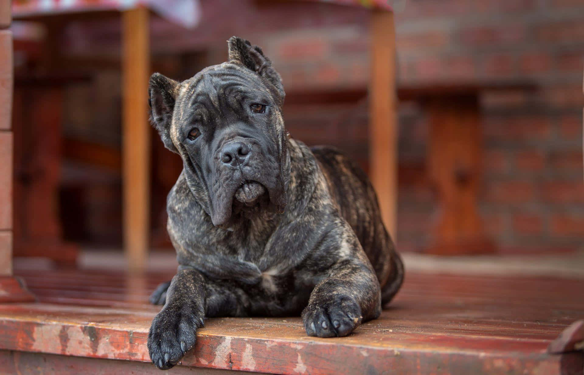 卡斯羅犬 桌布 壁紙 — 一隻虎斑紋卡斯羅犬，臉上佈滿皺紋，平靜地靠在磚牆旁的一張風化木長椅上休息。