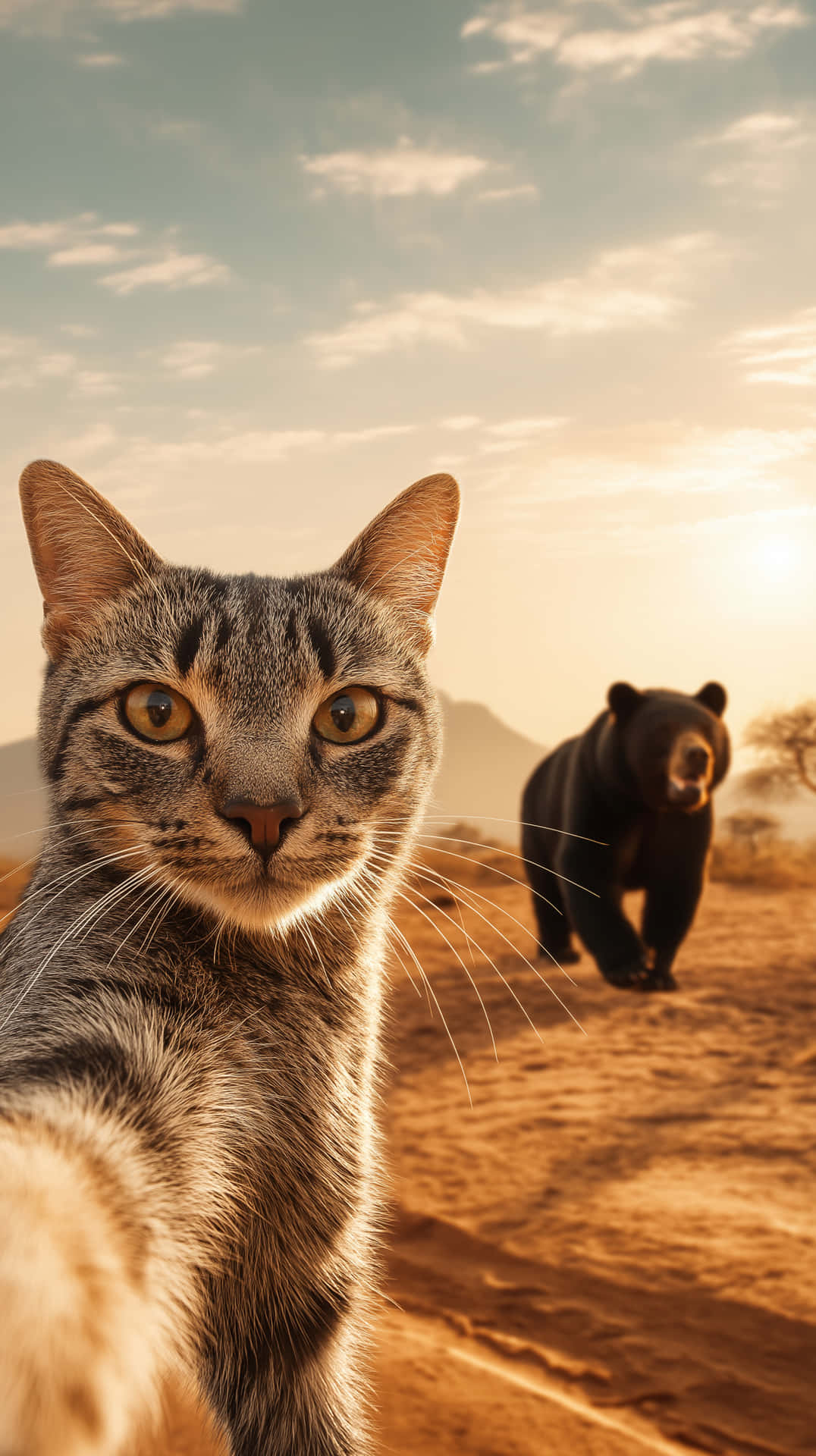 Tabby Cat Selfie with Bear in Desert Background 壁紙 — 一隻虎斑貓凝視著鏡頭，背景中一隻黑熊在金色夕陽天空下行走。
