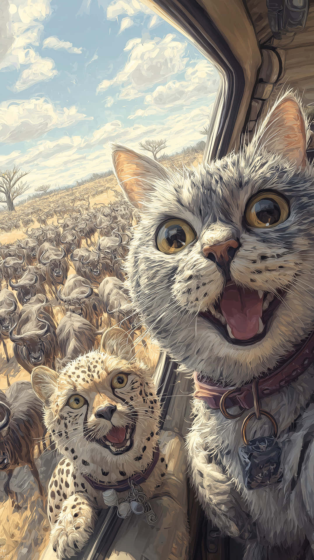 Feline Friends 壁紙 — 一隻虎斑貓和一隻獵豹從野生動物園車輛的窗戶興奮地窺視著一群水牛，天空多雲。