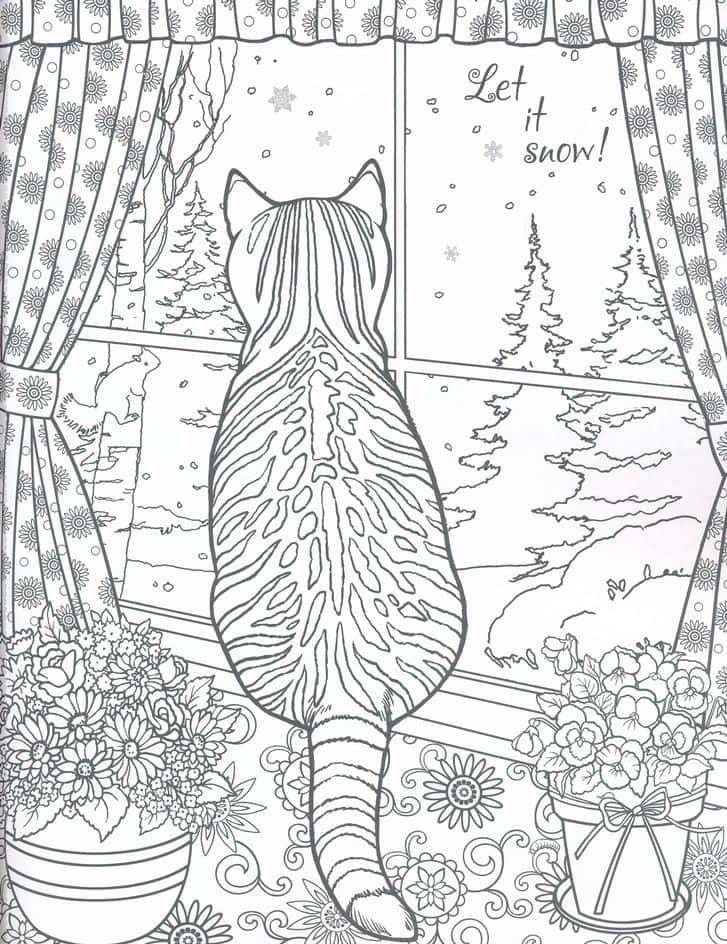Christmas Coloring 桌布 壁紙 — 一隻虎斑貓坐在窗邊，看著雪花落在松樹上，盆栽花卉點綴著窗台。