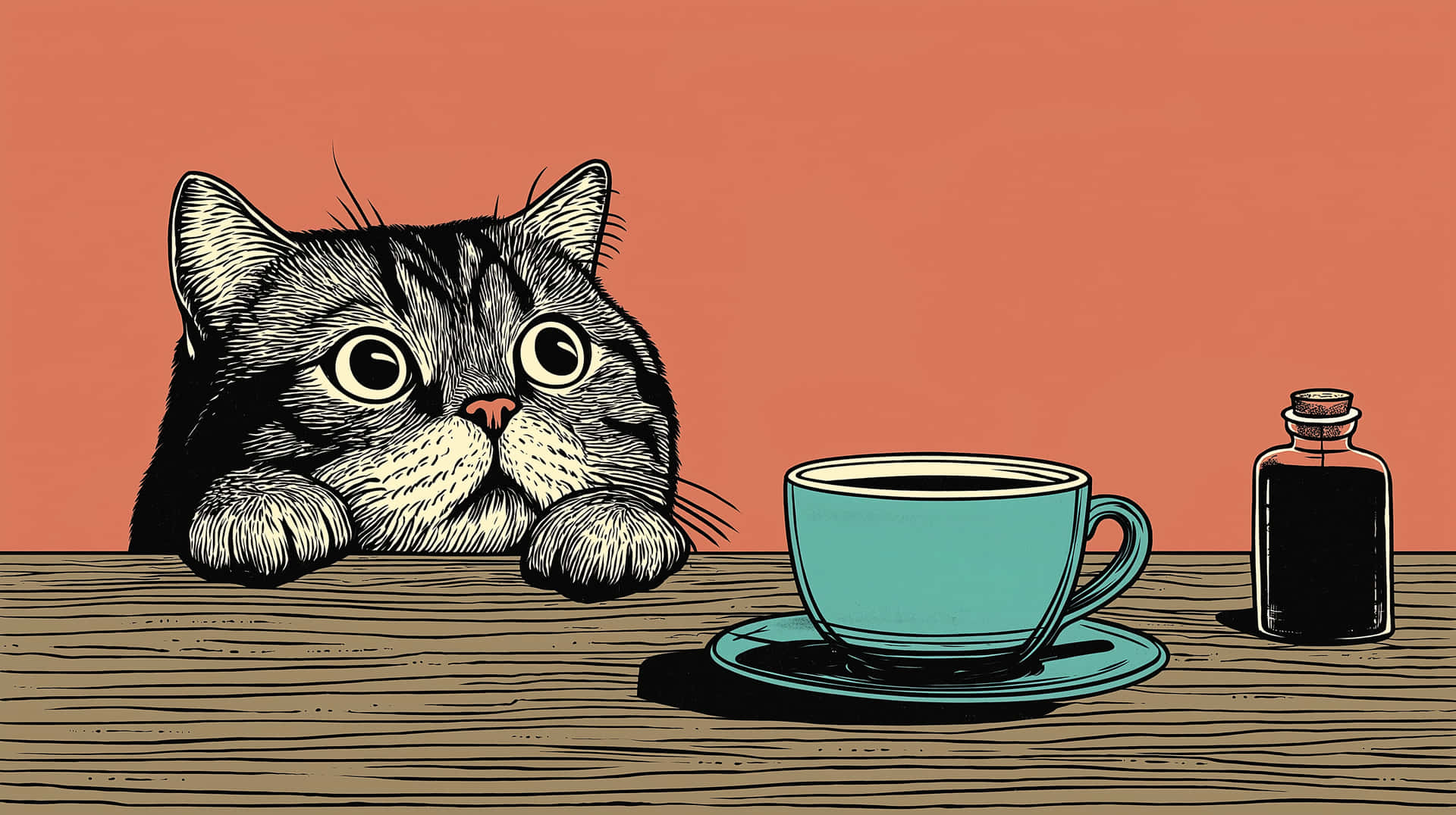 Cute Cat with Big Eyes Looking at Coffee Cup 壁紙 — 一隻虎斑貓從木桌上探頭，看著一個青綠色的咖啡杯和一個深色瓶子，背景是溫暖的珊瑚色。