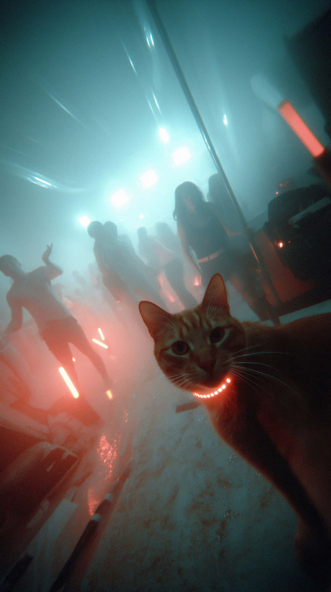 Feline at a Lively Event with Glowing Collar and Silhouettes 壁紙 — 一隻虎斑貓戴著發光項圈，在煙霧瀰漫的夜總會中凝視前方，背景有模糊的舞者和霓虹燈。