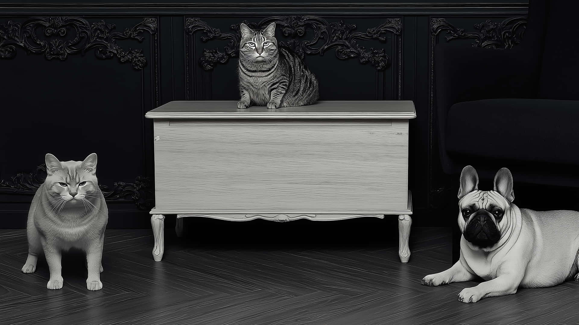 Proud Feline 壁紙 — 一隻虎斑貓棲息在淺灰色櫃子上，而一隻淺黃色八哥犬和一隻灰色貓咪坐在深色木地板上，旁邊是華麗的黑色牆壁。