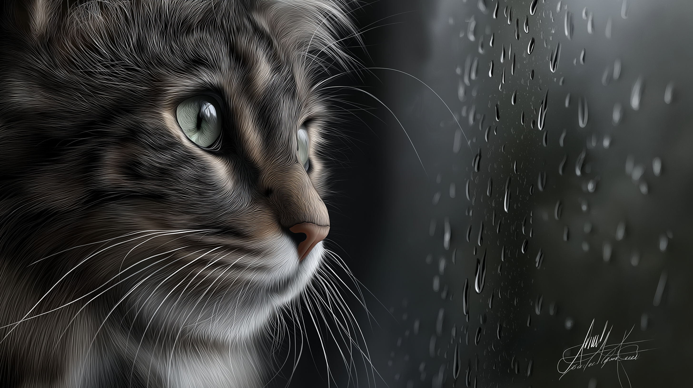 feline 桌布 壁紙 — 一隻虎斑貓的近距離特寫，綠色眼睛凝視著窗外雨點斑駁的窗戶，以柔和的灰階色調呈現。