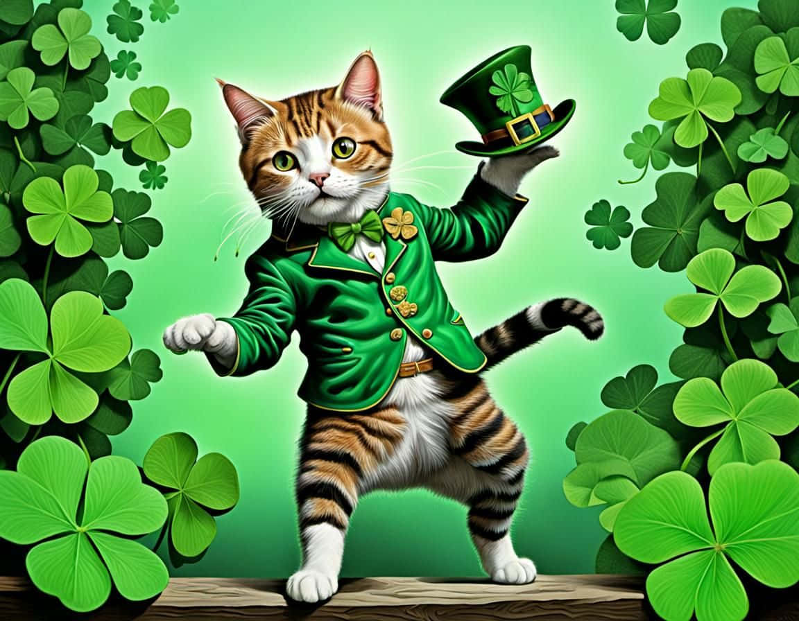 Dancing Cat 桌布 壁紙 — 一隻虎斑貓穿著綠色愛爾蘭小妖精服裝，自豪地站在一塊被茂密三葉草葉包圍的木板上。