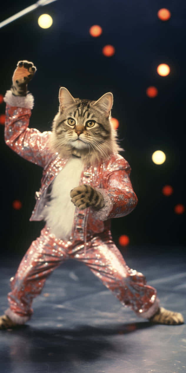 Dancing Cat 桌布 壁紙 — 一隻虎斑貓穿著閃閃發光的粉紅色亮片西裝，在舞台燈光下擺出自信的舞蹈姿勢。