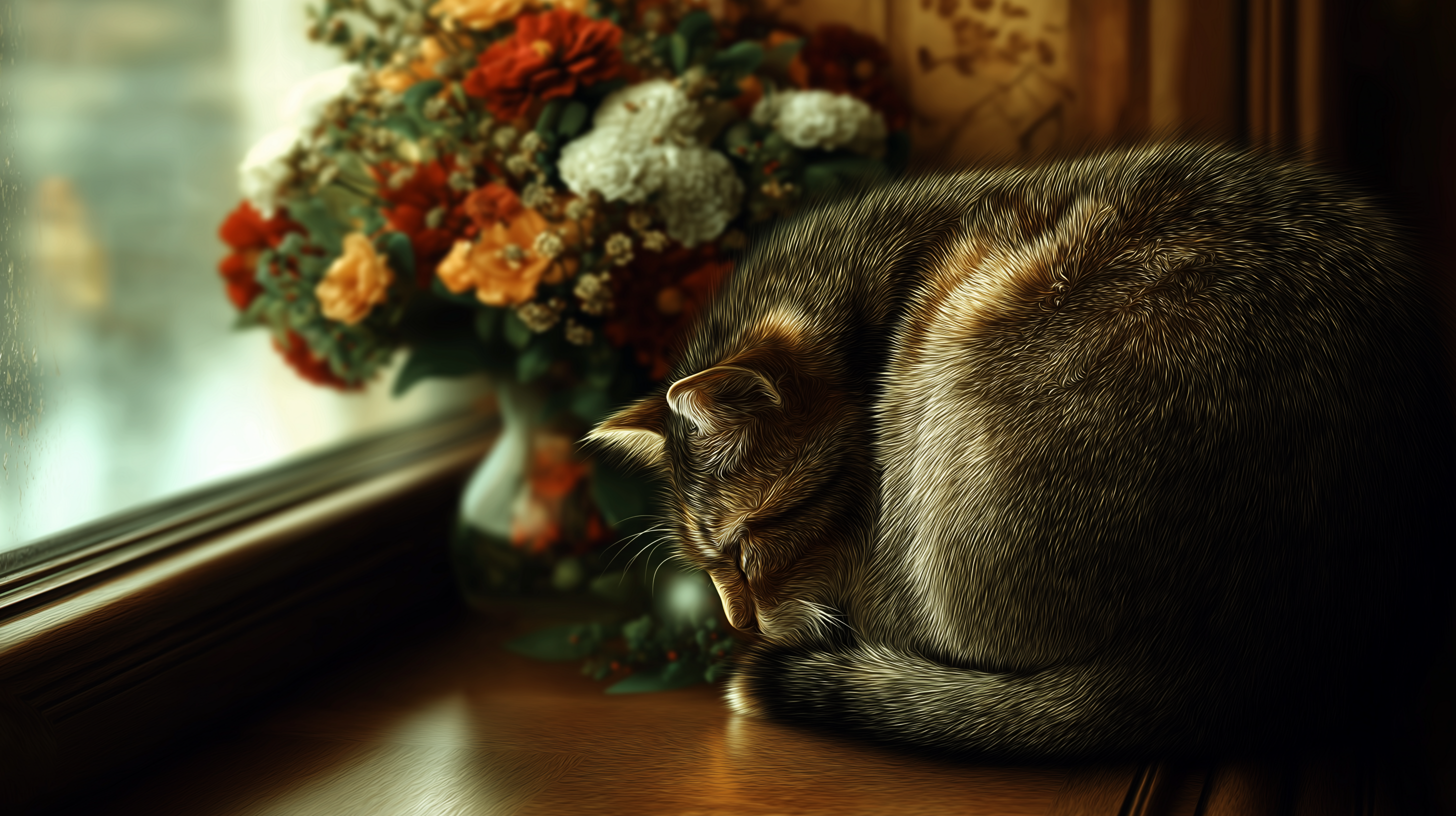 Sleeping 桌布 壁紙 — 一隻虎斑貓蜷縮在木窗台上睡覺，旁邊放著一瓶秋花，沐浴在柔和自然光中。