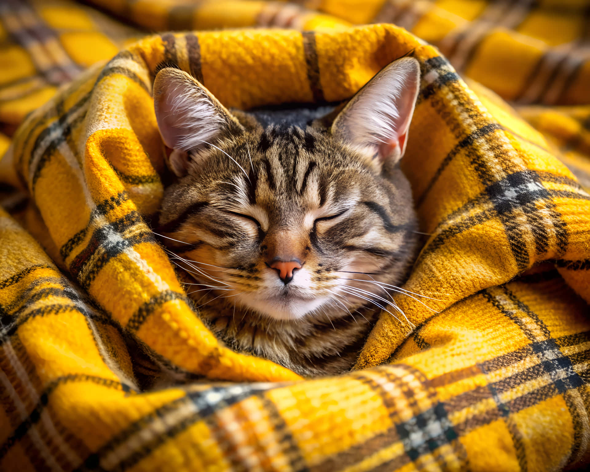 Sleeping cat 壁紙 — 一隻虎斑貓閉著眼睛，安詳地包裹在鮮黃色格紋毯中休息。