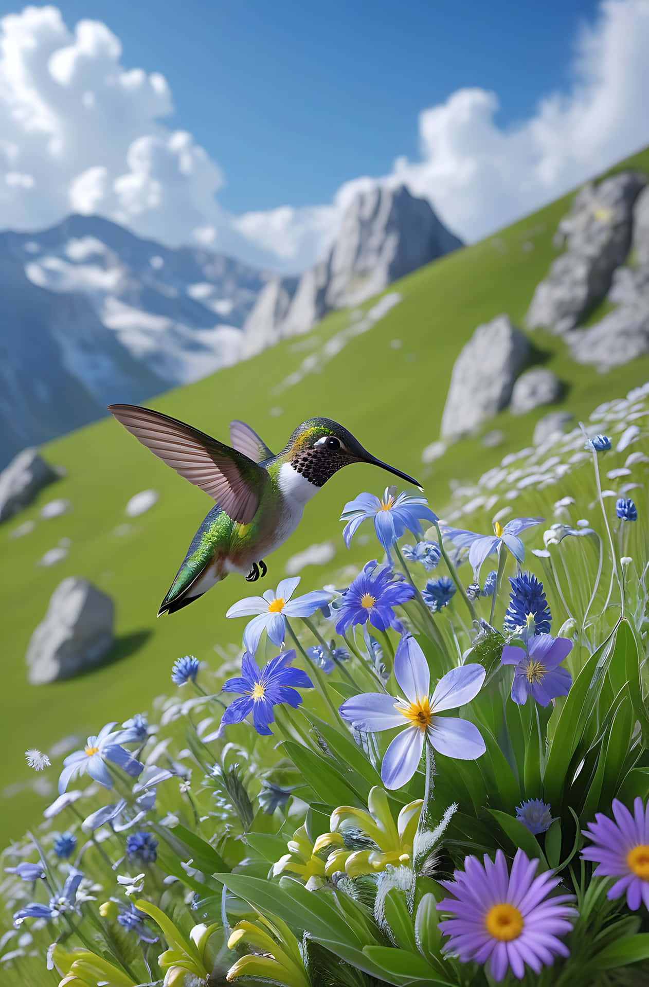 Hummingbird in mountain wildflowers 壁紙 — 一隻蜂鳥在充滿活力的藍色、紫色和黃色野花草地上盤旋，背景是綠色的山丘和積雪覆蓋的山脈，在明亮的藍天白雲下。