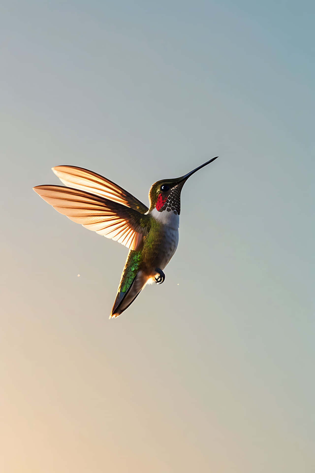 Hummingbird in flight 壁紙 — 一隻蜂鳥在半空中盤旋，翅膀因快速運動而模糊，背景是柔和的漸變天空。