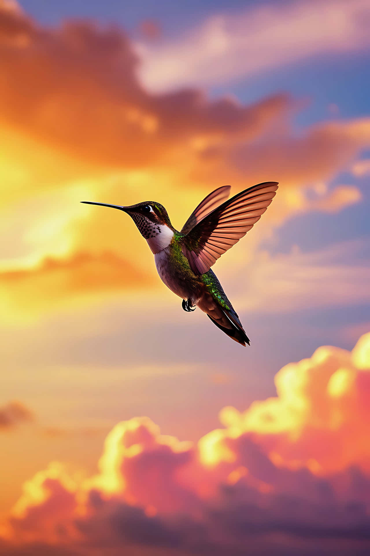Hummingbird in flight at sunset 壁紙 — 一隻蜂鳥在半空中盤旋，背景是充滿活力的日落天空，繪有橙色、粉紅色和紫色的雲彩。