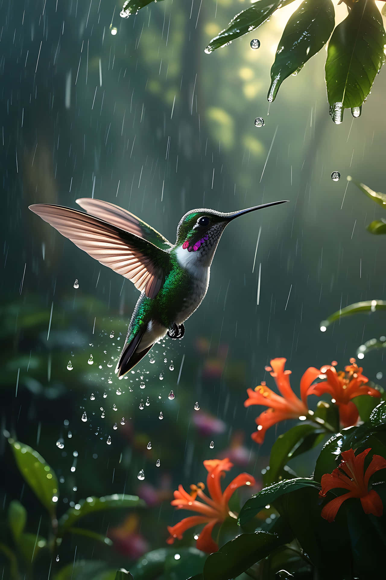 Hummingbird in rainy forest 壁紙 — 一隻蜂鳥在半空中盤旋，雨滴在它周圍落下，附近有鮮豔的橙色花朵和茂盛的綠葉。