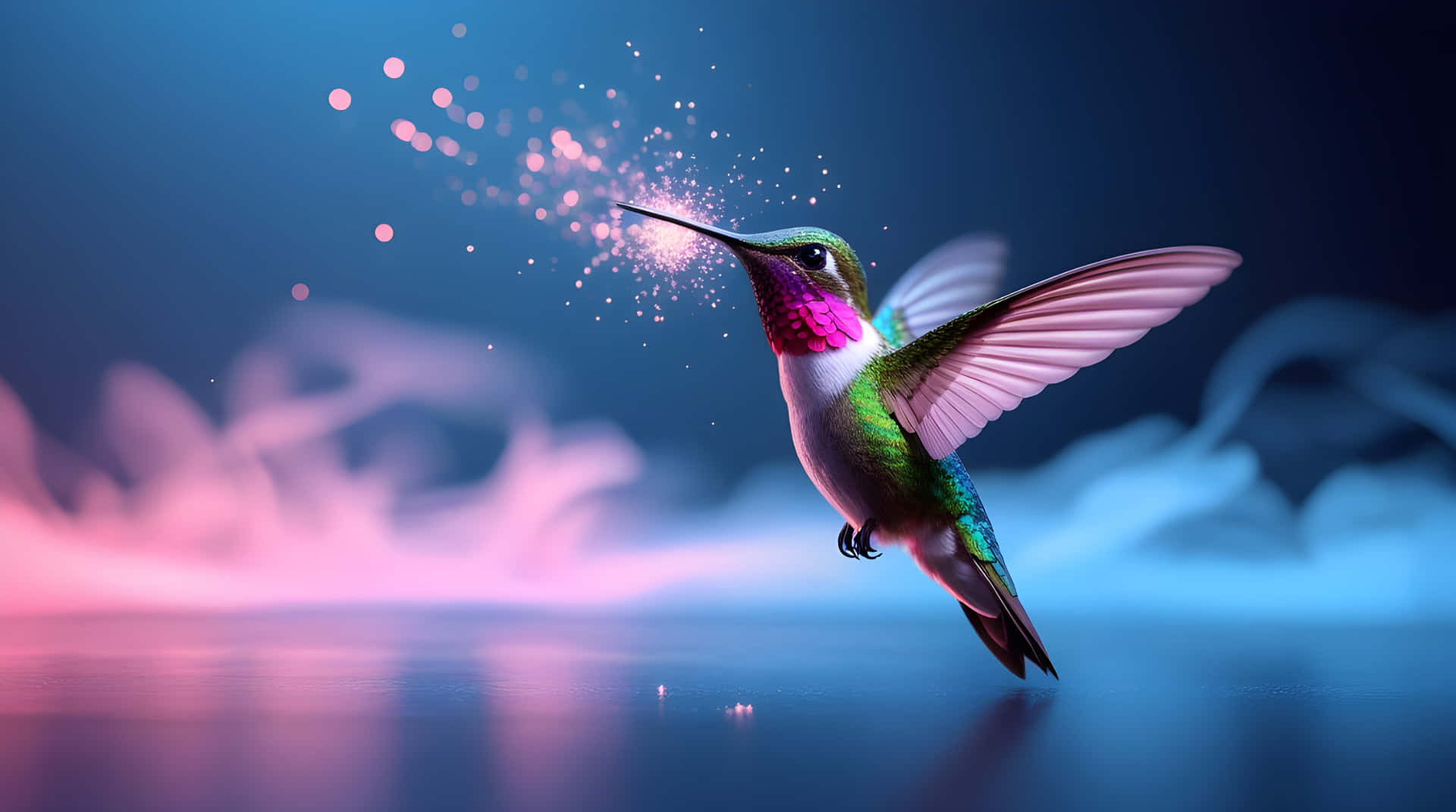 Cute hummingbirds flying wallpaper 壁紙 — 一隻蜂鳥在半空中盤旋於水面上方，釋放出閃閃發光的粉紅色粒子，背景是漸變的藍色和粉紅色天空。
