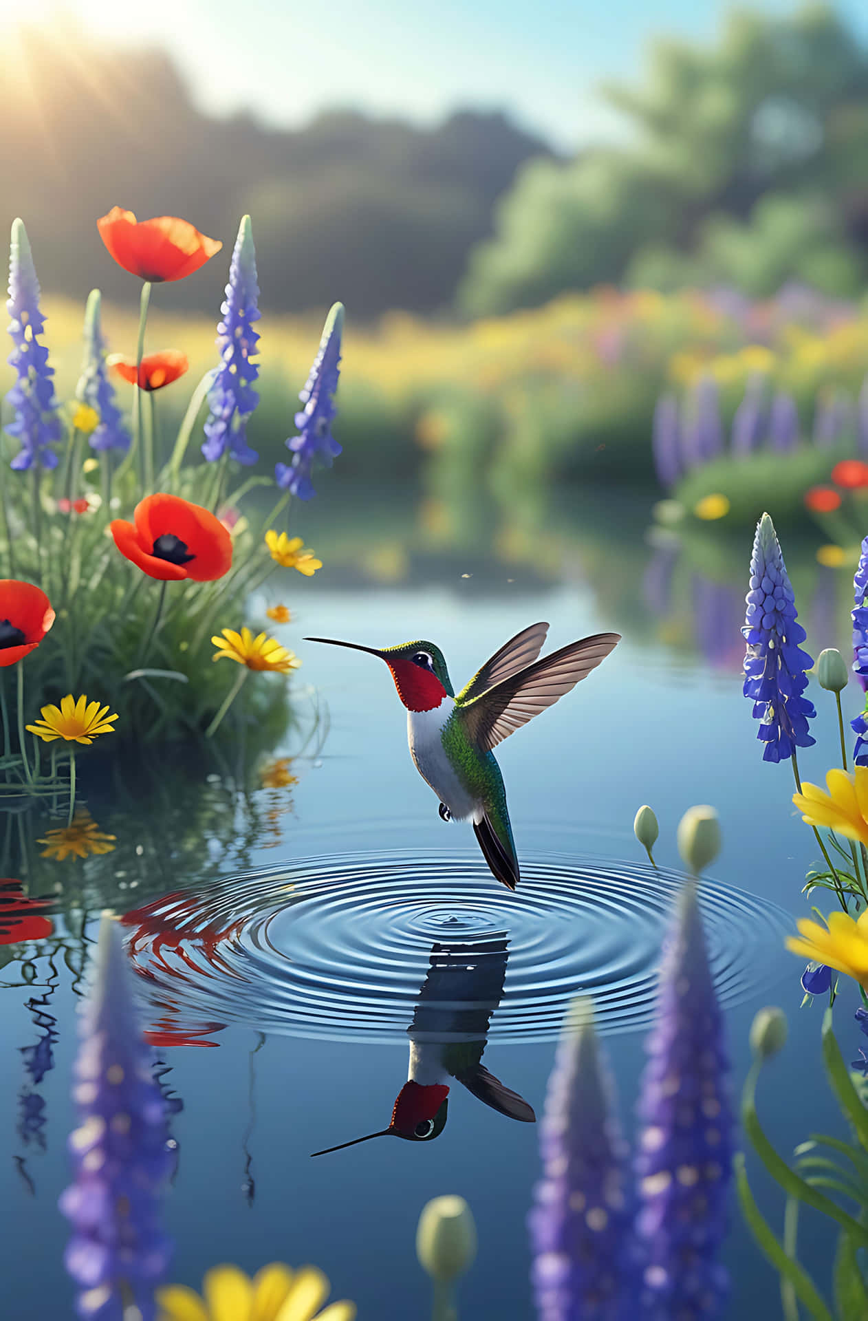 Hummingbird hovering over pond 壁紙 — 一隻蜂鳥在平靜的池塘上空盤旋，池塘周圍環繞著紅色罌粟花、紫色羽扇豆和黃色雛菊，陽光穿過樹木灑落。