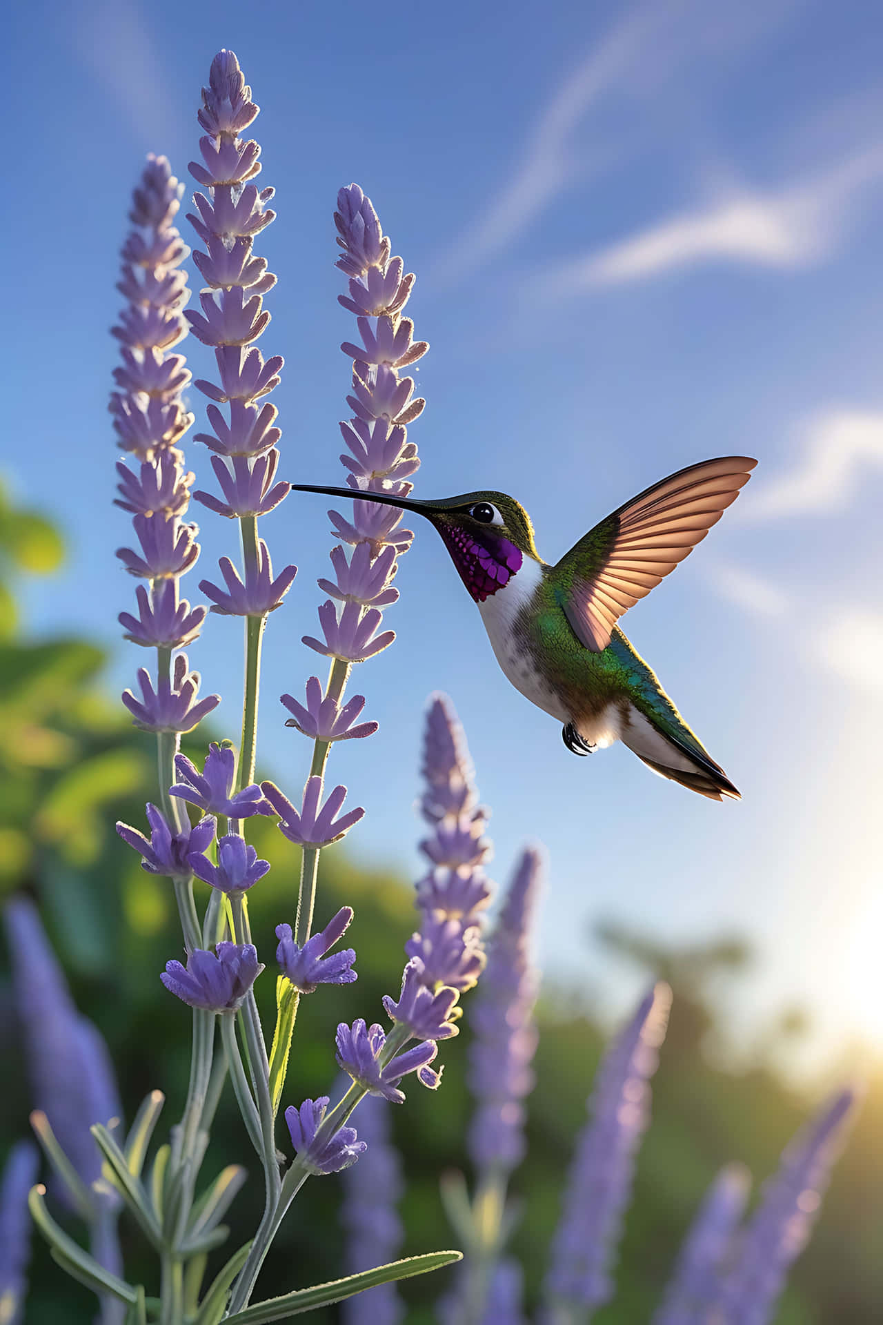 一隻蜂鳥在明亮的藍天下靠近紫色薰衣草花徘徊。 — 鳥 壁紙