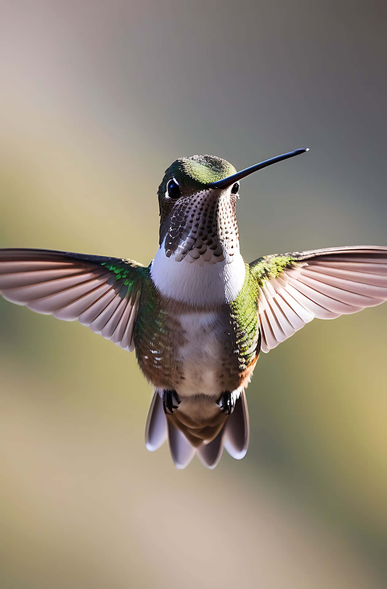 Hummingbird in flight 壁紙 — 一隻蜂鳥在柔和的模糊背景下張開翅膀懸停在空中。