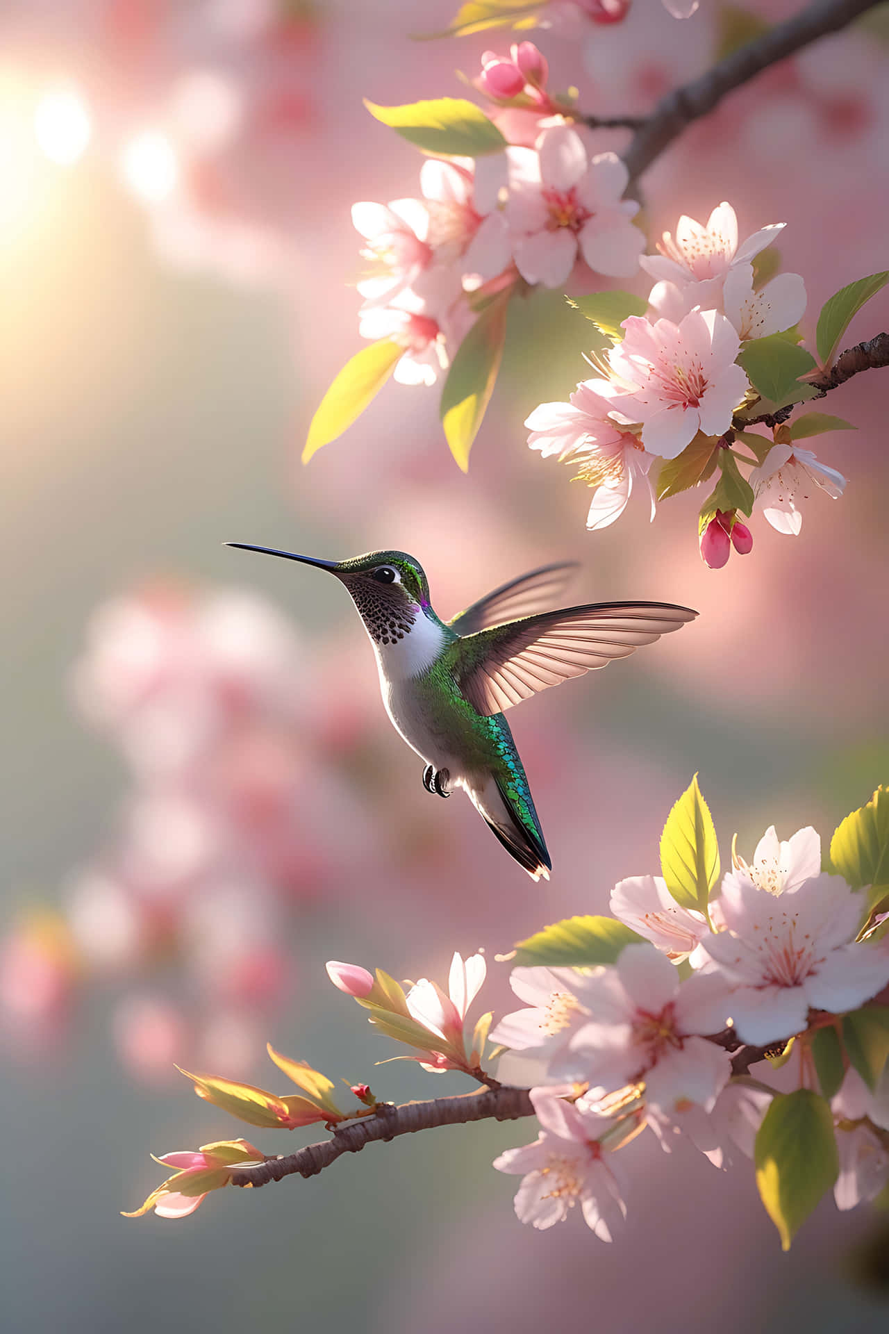 Hummingbird amongst cherry blossoms 壁紙 — 一隻蜂鳥在柔和的粉紅色櫻花中優雅地盤旋，陽光穿過花瓣灑落。
