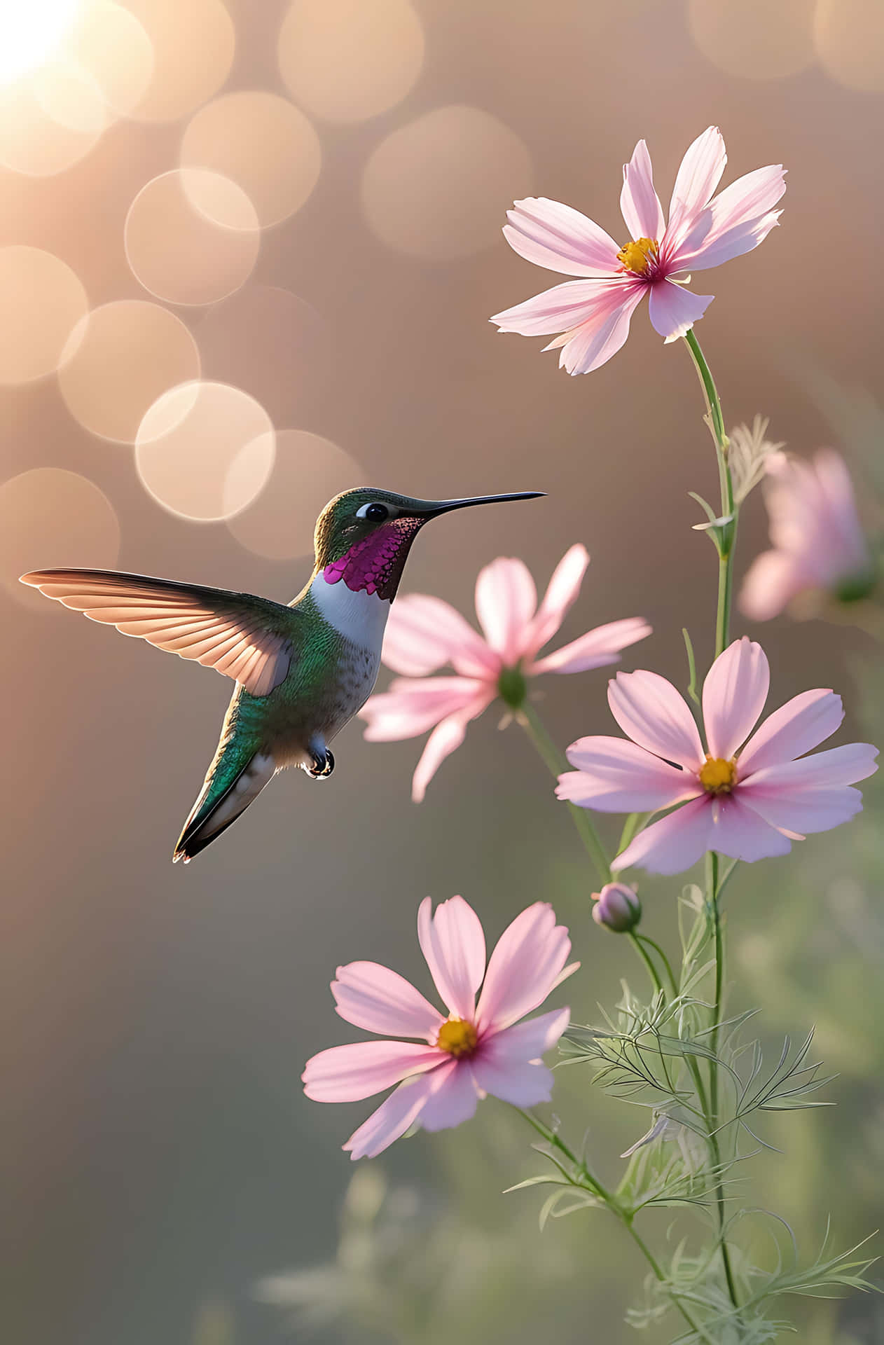 Hummingbird feeding on pink cosmos flowers 壁紙 — 一隻蜂鳥在柔和的金色散景背景下盤旋在粉紅色大波斯菊附近。