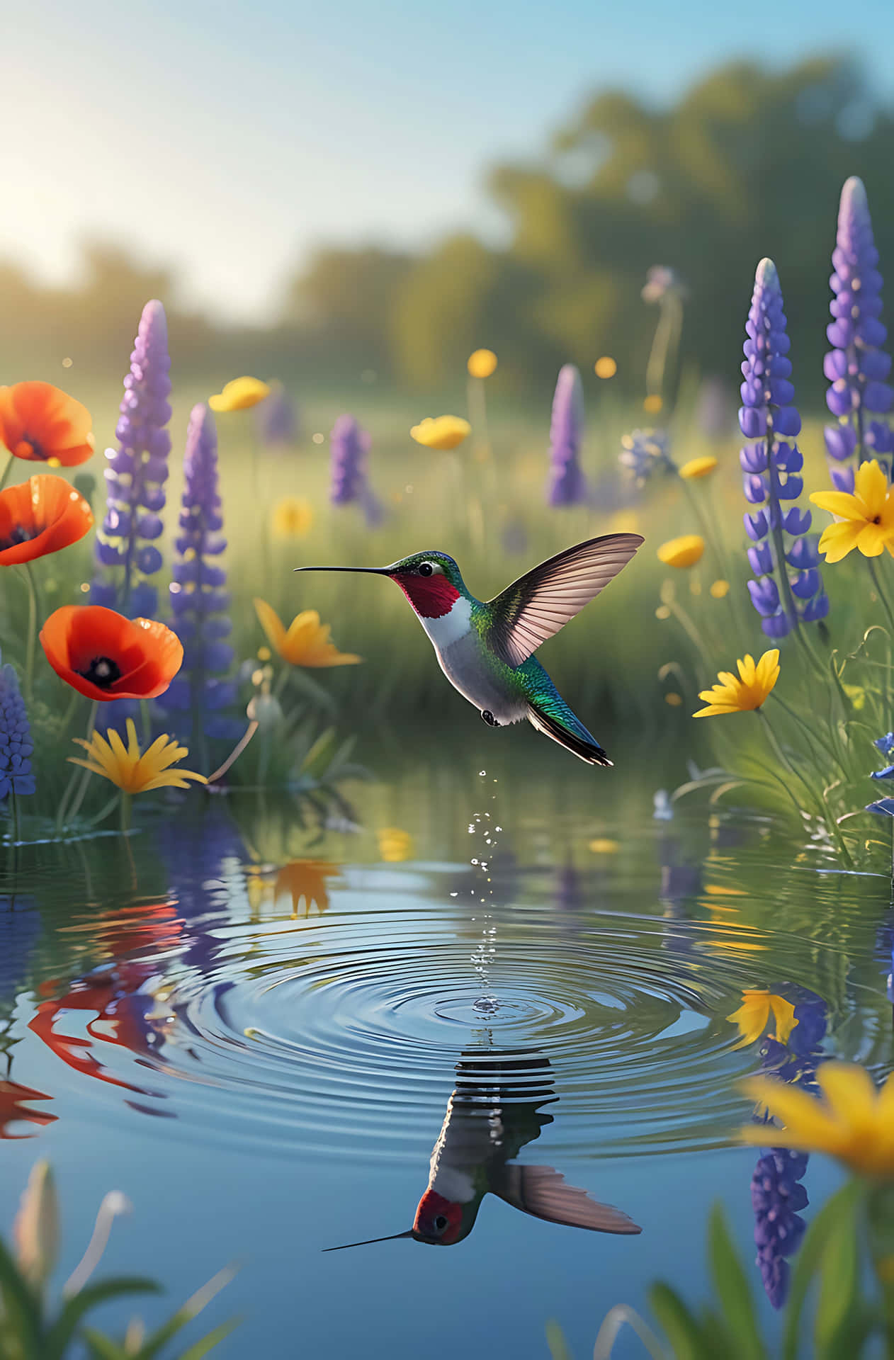 Hummingbird drinking from a pond 壁紙 — 一隻蜂鳥在池塘上空盤旋，激起漣漪，色彩繽紛的野花在水邊盛開。