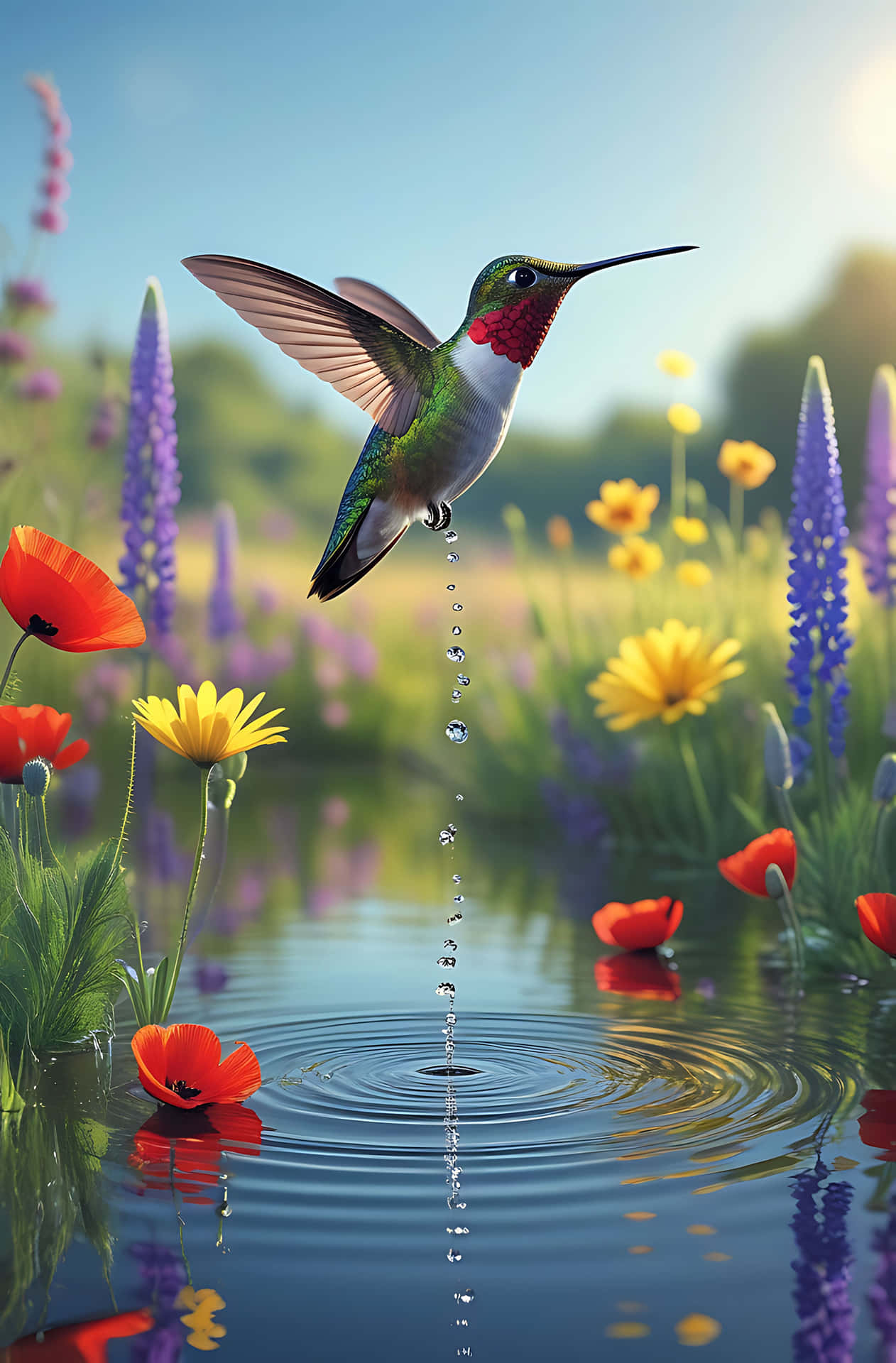 Hummingbird hovering over water 壁紙 — 一隻蜂鳥在池塘上空盤旋，留下一串水滴，周圍盛開著色彩繽紛的花朵。