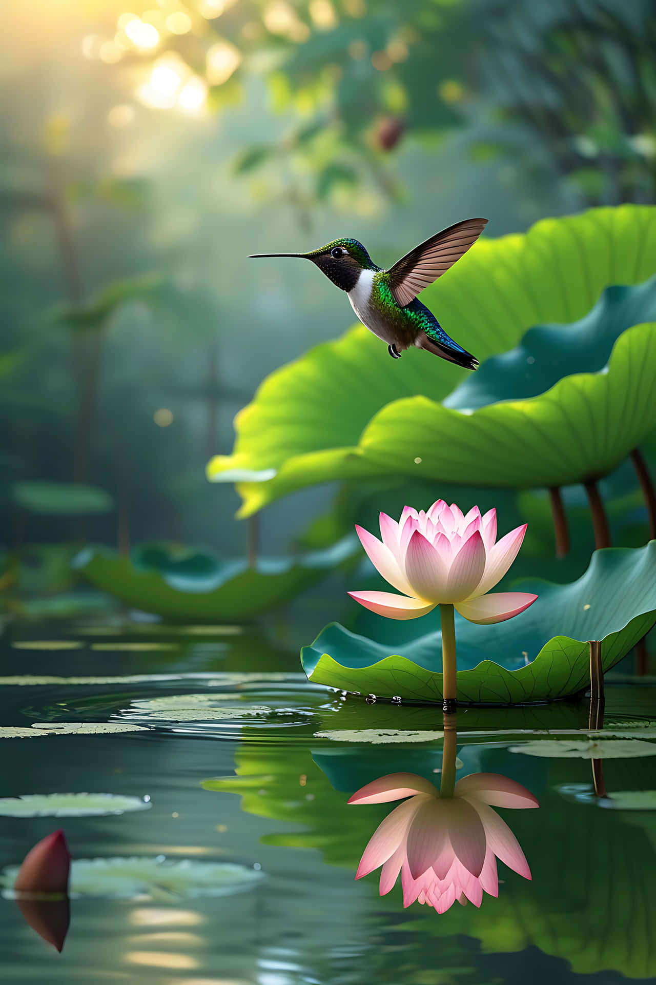 Hummingbird hovering over lotus flower 壁紙 — 一隻蜂鳥在漂浮在平靜水面上的粉紅色蓮花附近盤旋，周圍有茂密的綠色睡蓮葉，柔和的金色陽光穿過樹木灑下。