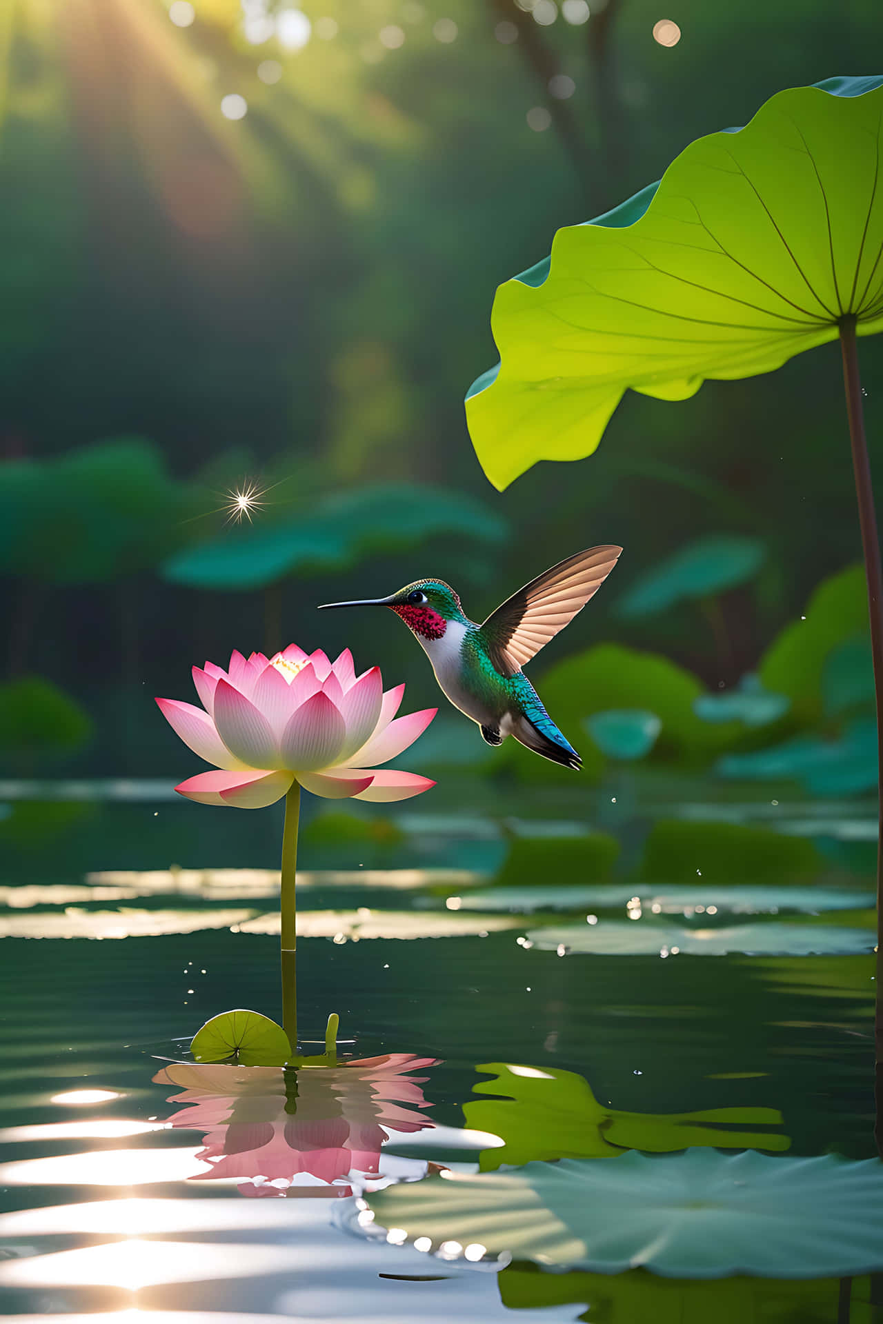 Hummingbird hovering over lotus flower 壁紙 — 一隻蜂鳥在漂浮在陽光照射的水面上的粉紅色蓮花附近盤旋，有大片的綠色睡蓮葉和穿過樹木的金色光線。