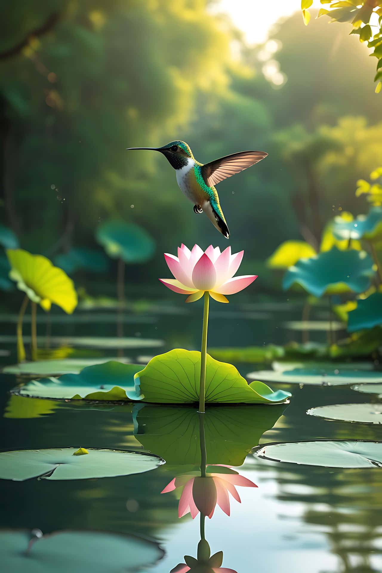 Hummingbird hovering over lotus flower 壁紙 — 一隻蜂鳥在盛開的粉紅色蓮花上方盤旋，蓮花生長在寧靜的池塘中，周圍有荷葉和斑駁的陽光。
