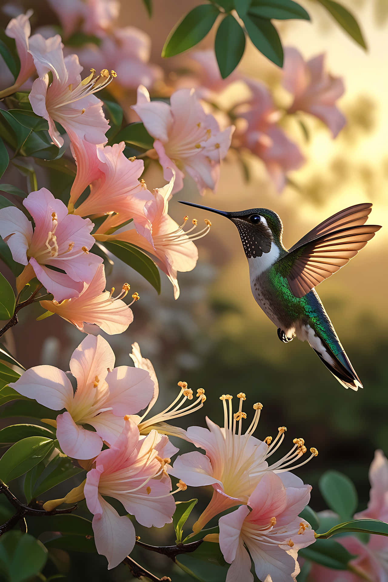 Hummingbird feeding on pink flowers 壁紙 — 一隻蜂鳥在粉紅色杜鵑花附近盤旋，花朵帶有金色雄蕊，背景柔和陽光明媚。