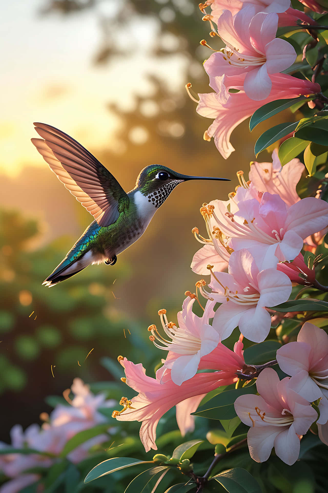 一隻蜂鳥在金色的陽光中靠近粉紅色百合花盤旋。 — 鳥 壁紙