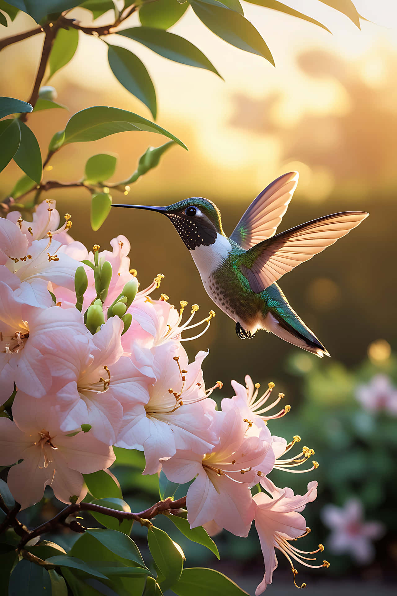 Hummingbird feeding on pink flowers 壁紙 — 一隻蜂鳥在粉紅色花朵附近盤旋，金色陽光透過綠葉灑落。