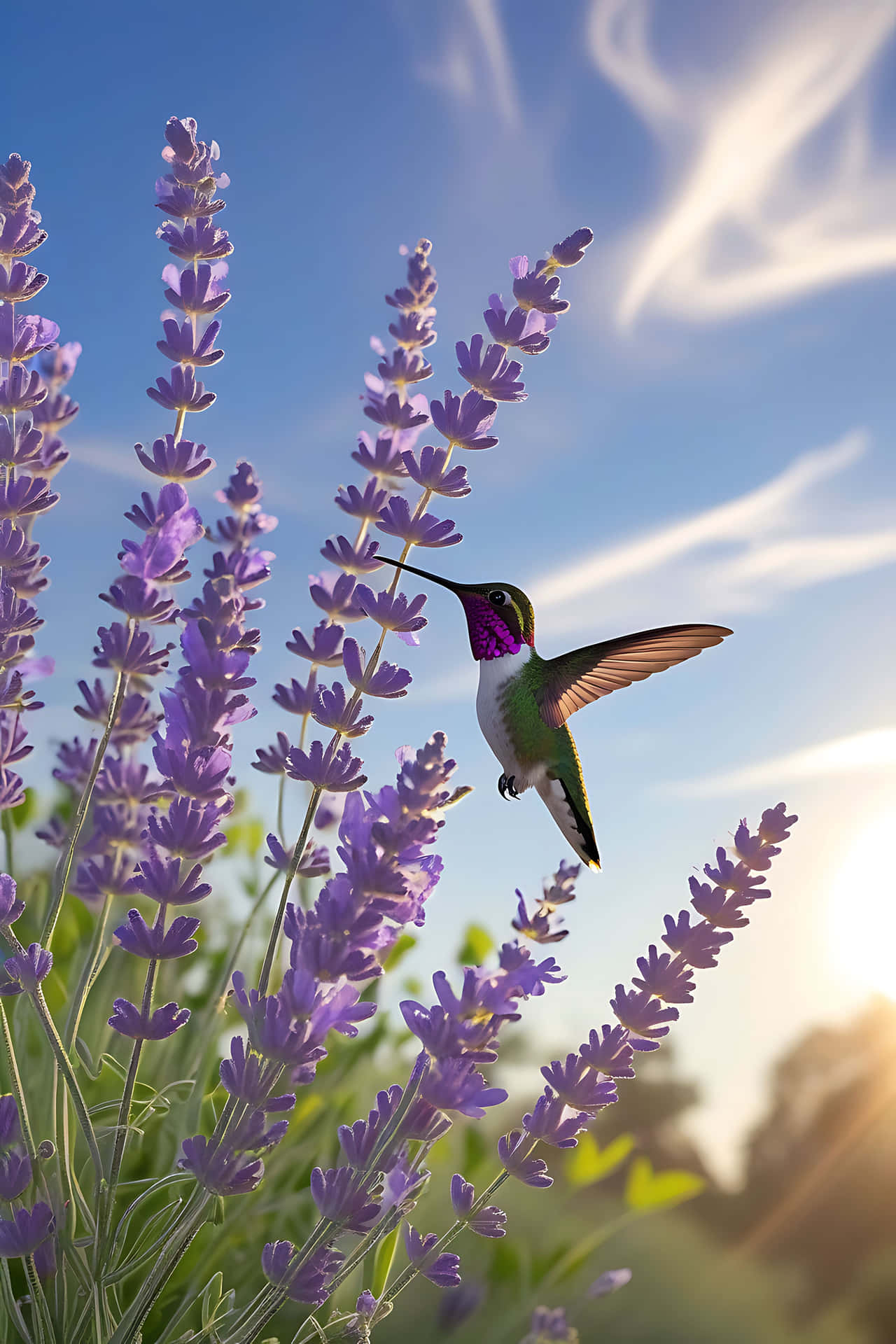 Hummingbird feeding amongst lavender flowers 壁紙 — 一隻蜂鳥在紫色薰衣草穗附近盤旋，背景是明亮的藍天，有縷縷白雲和太陽耀斑。