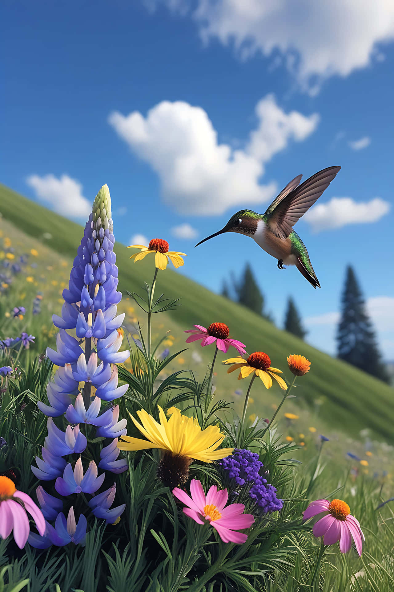 Hummingbird in flight amongst wildflowers 壁紙 — 一隻蜂鳥在陽光明媚的山丘上，在明亮的藍天白雲下，盤旋在鮮豔的野花附近。