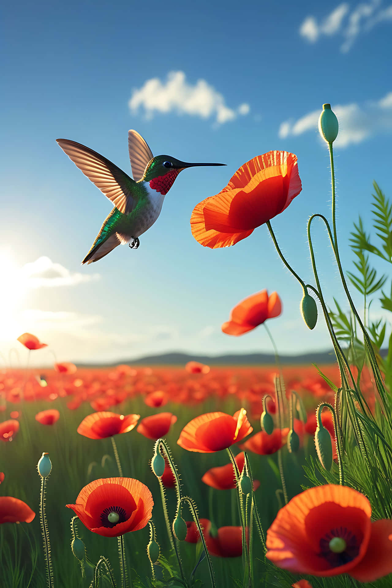 Hummingbird in a field of poppies 壁紙 — 一隻蜂鳥在陽光明媚的田野中，靠近一朵鮮紅色的罌粟花盤旋，背景是清澈的藍天和蓬鬆的白雲。