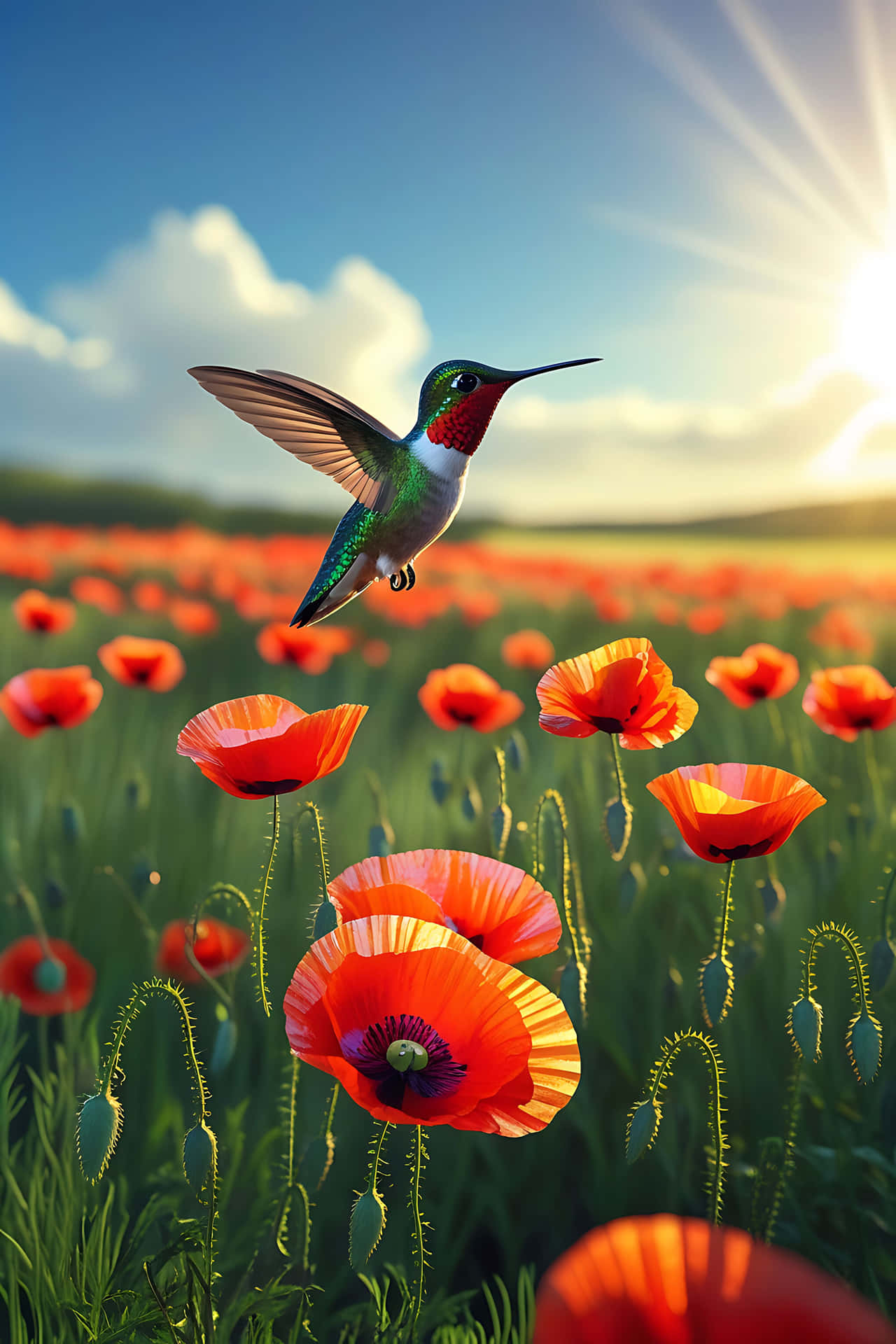 Hummingbird in poppy field 壁紙 — 一隻蜂鳥在陽光明媚的紅色罌粟花田上空盤旋，背景是明亮的藍天和燦爛的陽光。