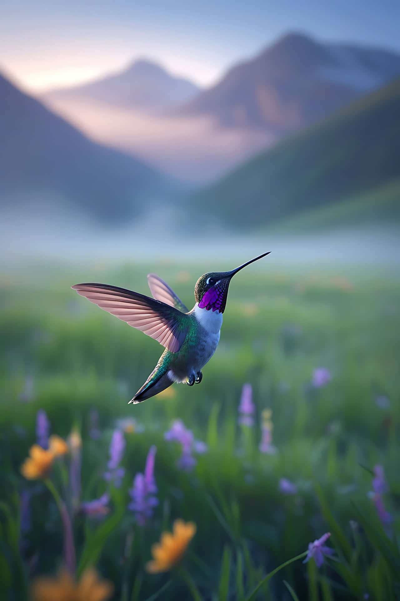 一隻蜂鳥在黎明時分在花田上空盤旋，背景有山巒。 — 鳥 壁紙