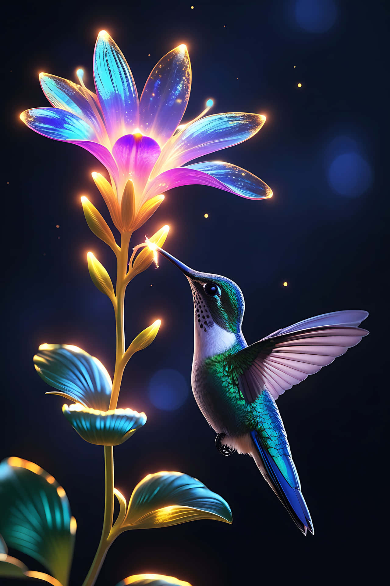 Hummingbird feeding on luminous flower 壁紙 — 一隻蜂鳥在黑暗星空背景下，靠近一朵發光的藍紫色花朵盤旋。