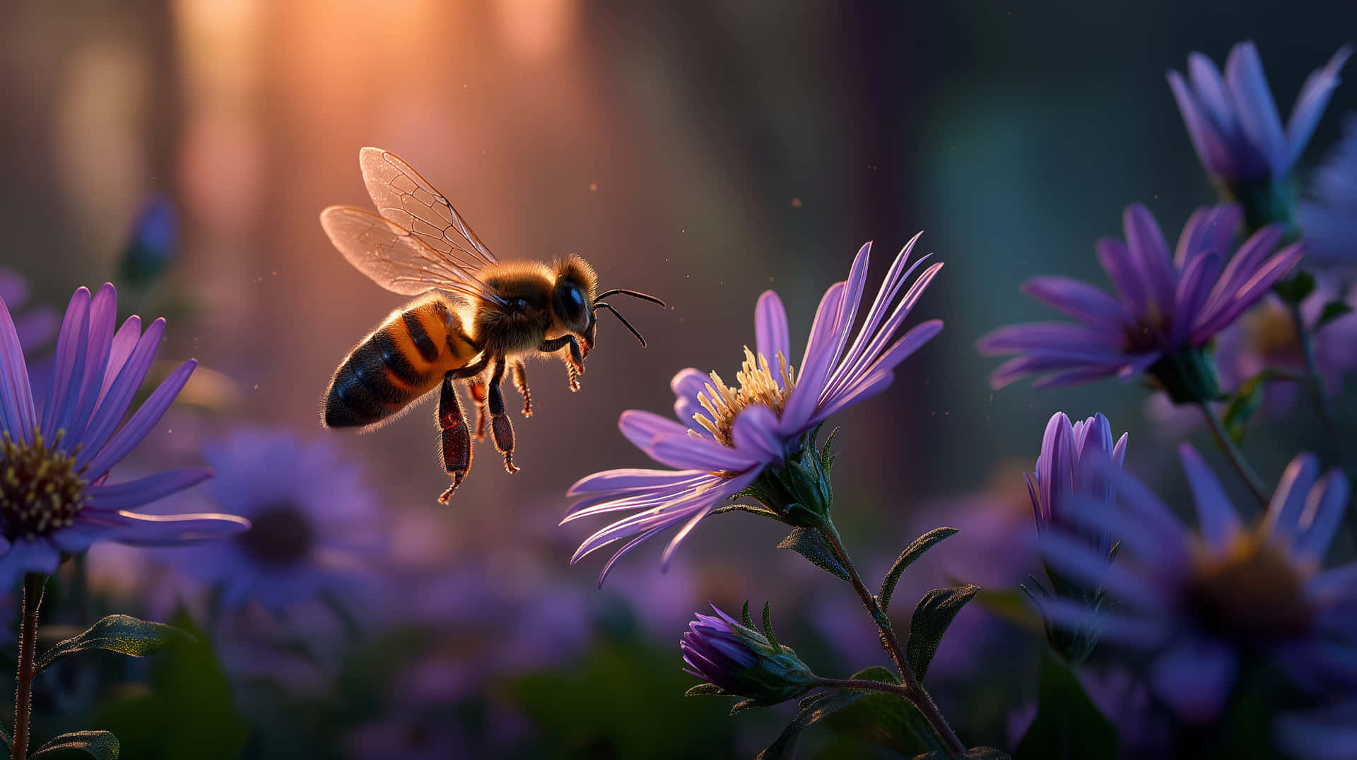 Honeybee Approaching Blossoms in Golden Light 壁紙 — 一隻蜜蜂在半空中盤旋，靠近一朵紫色的花，金色的陽光從背景中透出。