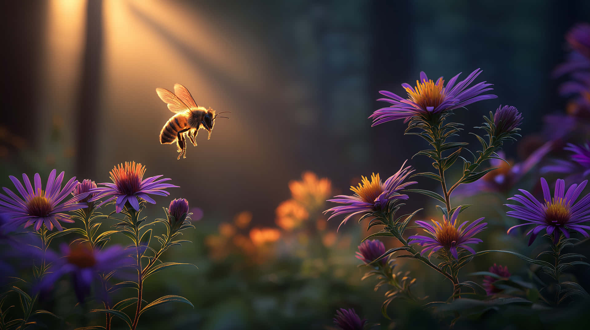 Floral Nectar: Honey Creator Approaching Blossoming Plant 壁紙 — 一隻蜜蜂在茂密的森林中，穿過金色的陽光，飛翔在帶有橙色中心的鮮豔紫色花朵之間。