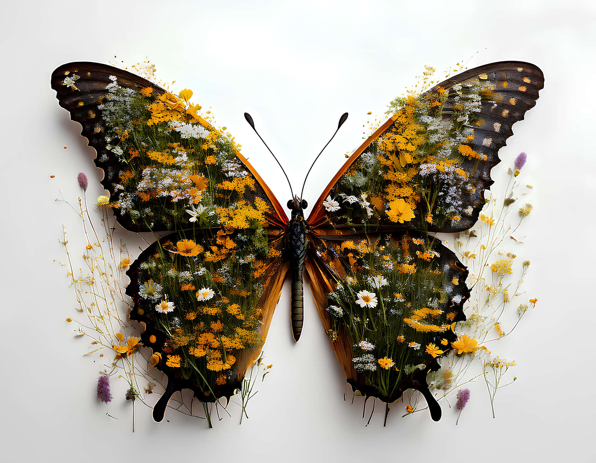 Butterfly shaped only by a flower meadow 壁紙 — 一隻蝴蝶，翅膀由鮮豔的黃色和白色野花組成，背景是純白色。