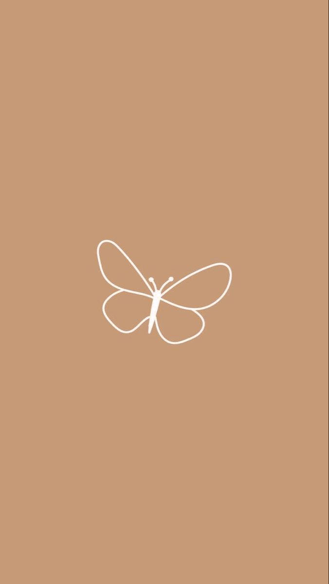 Beige Minimalist 桌布 壁紙 — 一隻蝴蝶的極簡白色線條畫，居中在純色暖棕色背景上。