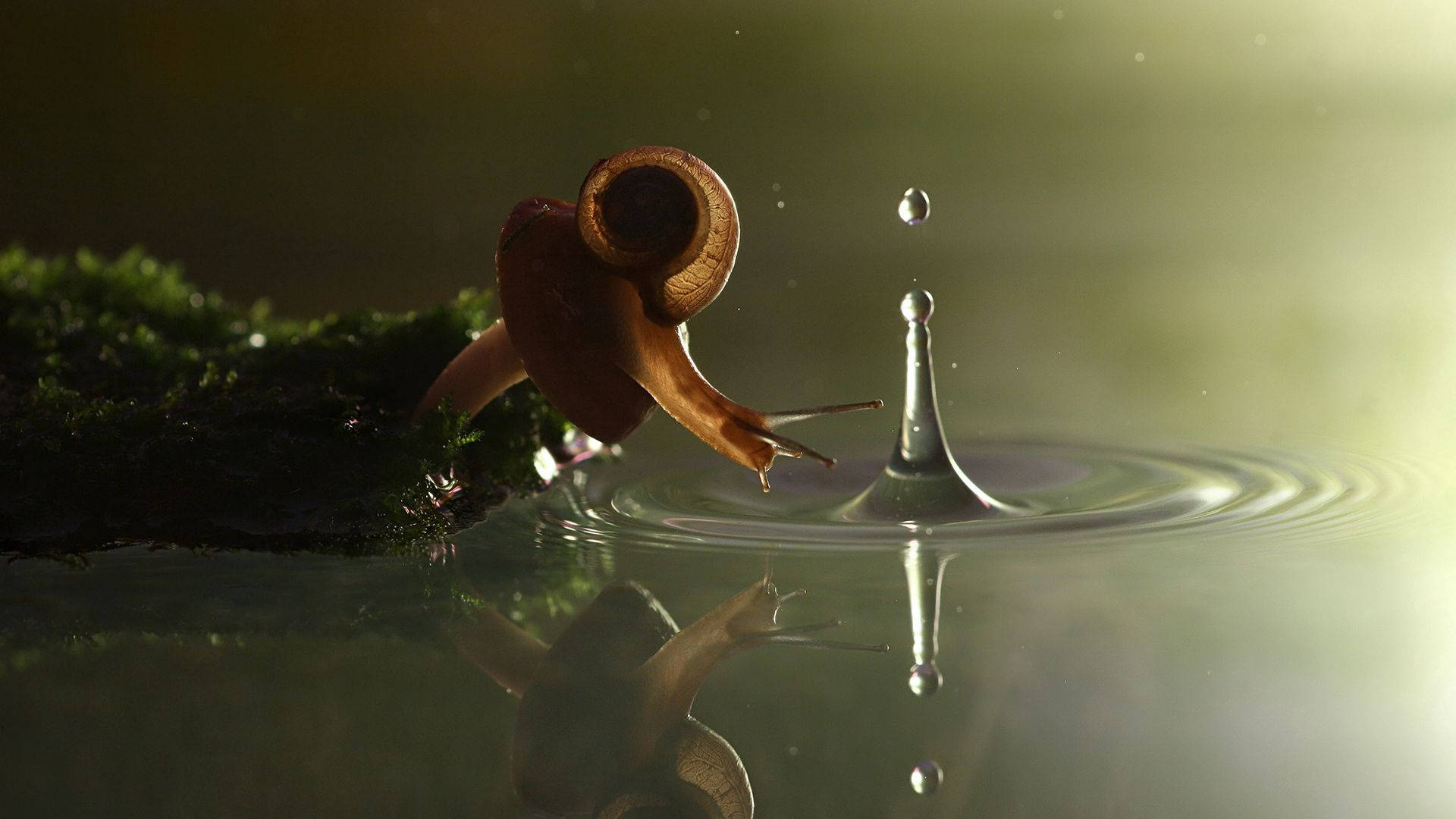 Snail 桌布 壁紙 — 一隻蝸牛在平靜的池塘上方，向著半空中的水滴伸展身體，池塘邊緣有苔蘚，還有柔和的金色光線。