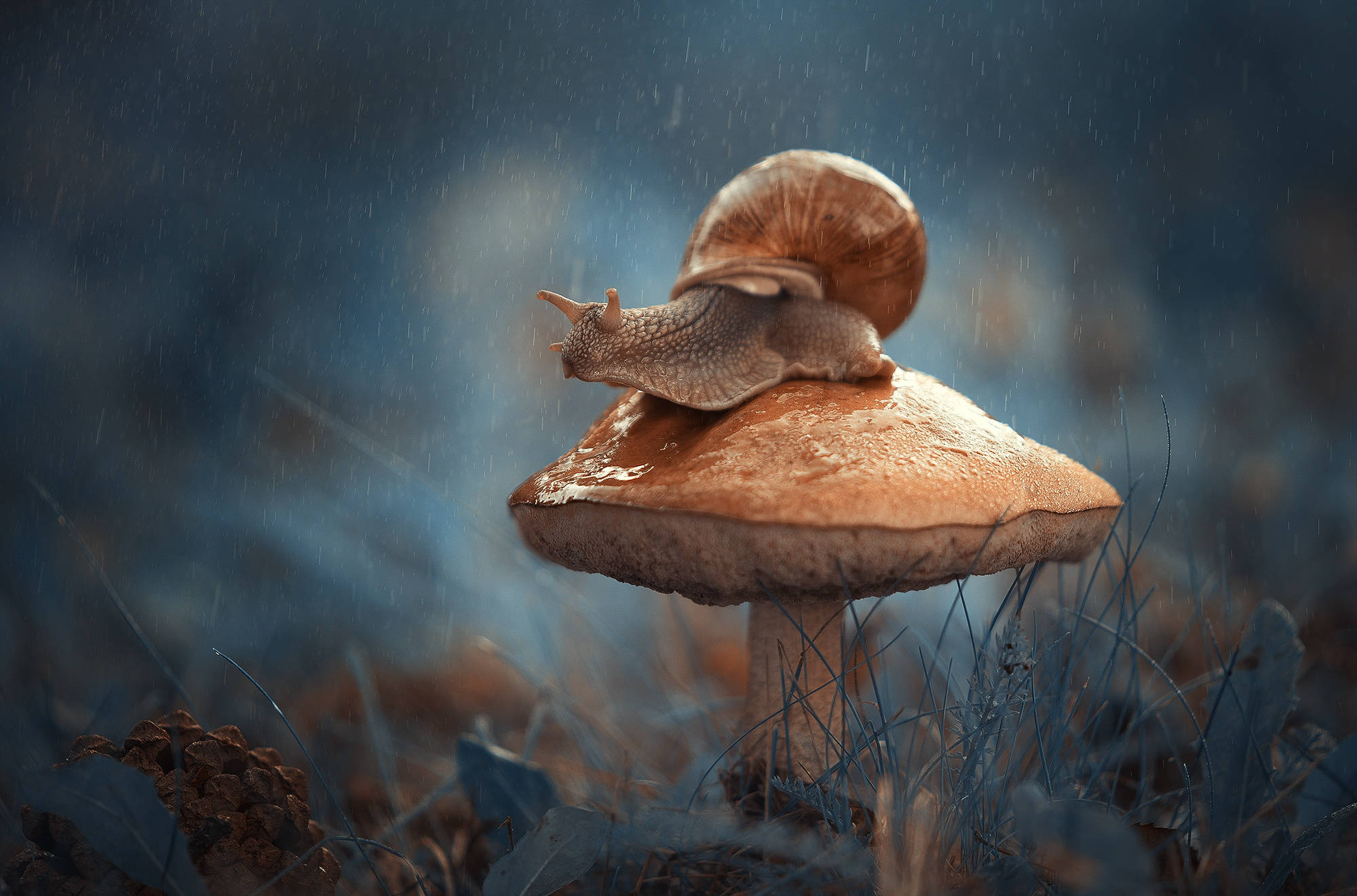 Snail 桌布 壁紙 — 一隻蝸牛在黃昏時分的霧林中，在一個大啡色蘑菇上爬行，同時下著雨。