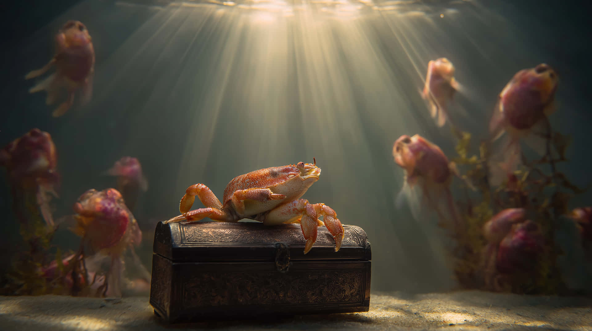 Crab on Treasure 壁紙 — 一隻螃蟹棲息在水下一個華麗的寶箱上，金魚在從上方過濾下來的陽光中游動。