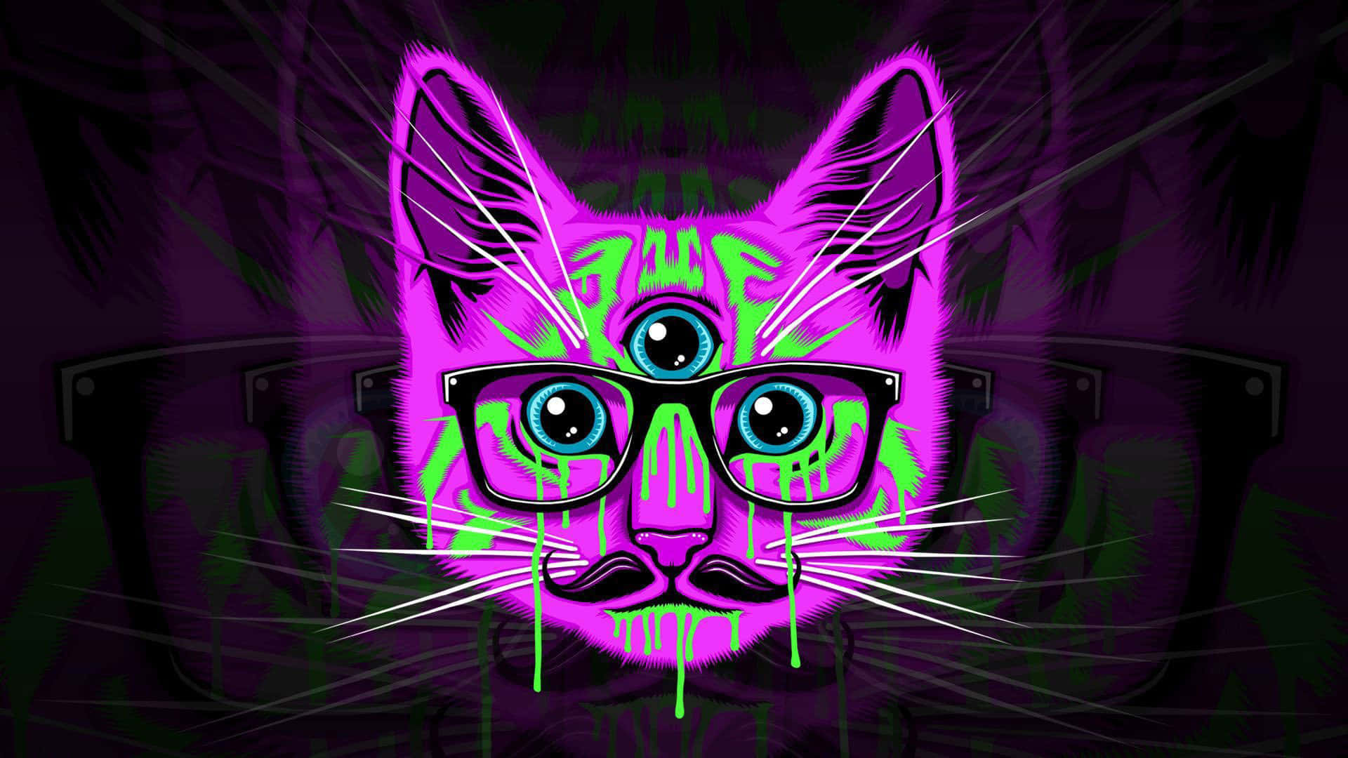 Psychedelic Animals 桌布 壁紙 — 一隻螢光粉紅色的貓，帶有發光的綠色塗鴉和三隻眼睛，戴著黑色眼鏡，背景是深紫色。
